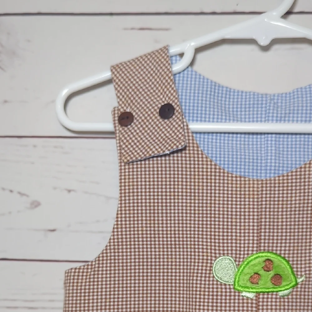 Vintage Baby Boy Infant Blue Gingham‎ Baby Romper Shortall Bunny Turtle 6-12 MO.
